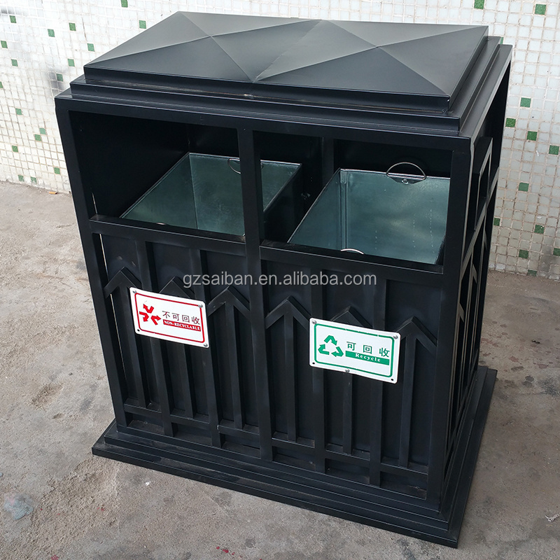 Wholesale double outdoor trash can black steel rubbish bin metal trash bin for commercial area