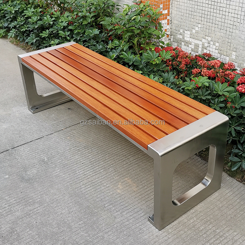 Modern outdoor wooden bench steel metal seating bench patio park bench with teak wood for sale