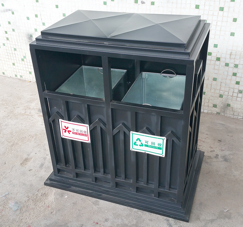 Wholesale double outdoor trash can black steel rubbish bin metal trash bin for commercial area