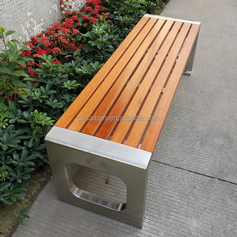 Modern outdoor wooden bench steel metal seating bench patio park bench with teak wood for sale