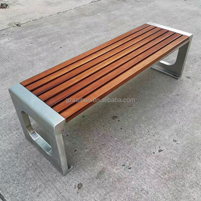 Modern outdoor wooden bench steel metal seating bench patio park bench with teak wood for sale