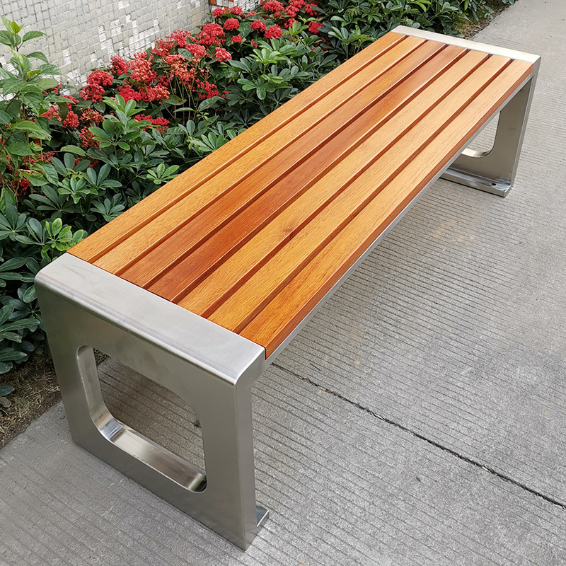 Modern outdoor wooden bench steel metal seating bench patio park bench with teak wood for sale