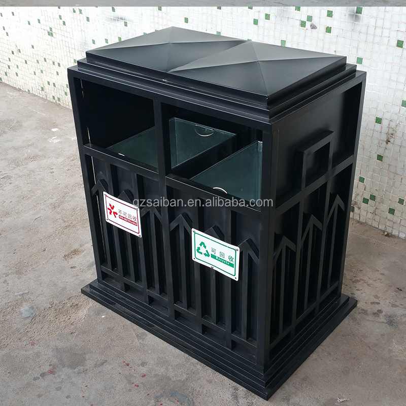 Wholesale double outdoor trash can black steel rubbish bin metal trash bin for commercial area