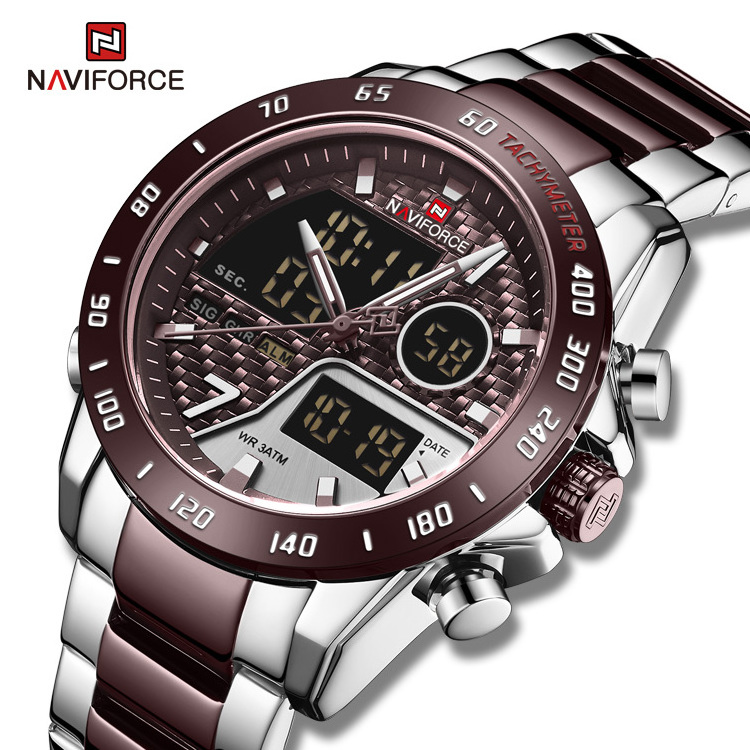 NAVIFORCE Fashion Style Men's Wristwatch Waterproof Multi Function Dual Time Zone Display Analog Digital LED Sports Watch 9171