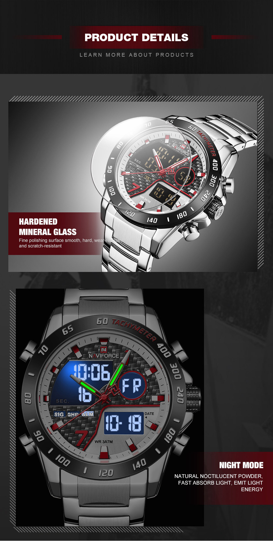 NAVIFORCE Fashion Style Men's Wristwatch Waterproof Multi Function Dual Time Zone Display Analog Digital LED Sports Watch 9171