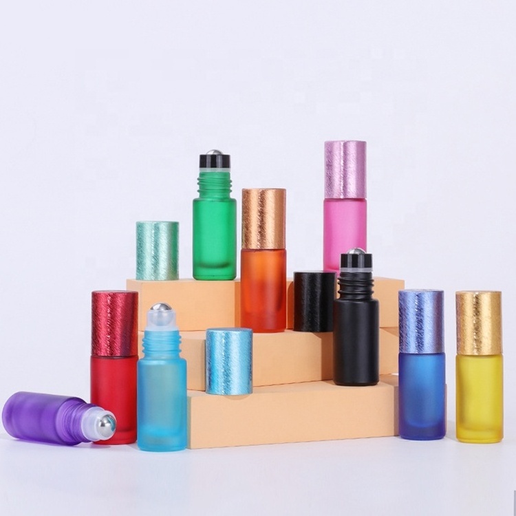 5ml Frosted Rainbow Color Glass Essential Oil Roll On Roller Bottle with Brushed Aluminum Cap