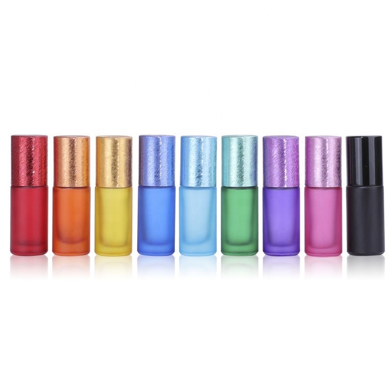 5ml Frosted Rainbow Color Glass Essential Oil Roll On Roller Bottle with Brushed Aluminum Cap