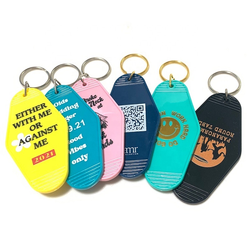 Custom Logo Promotional Blank Plastic Key Chain Retro Vintage Motel Hotel Room Glitter Keychain Key Tags