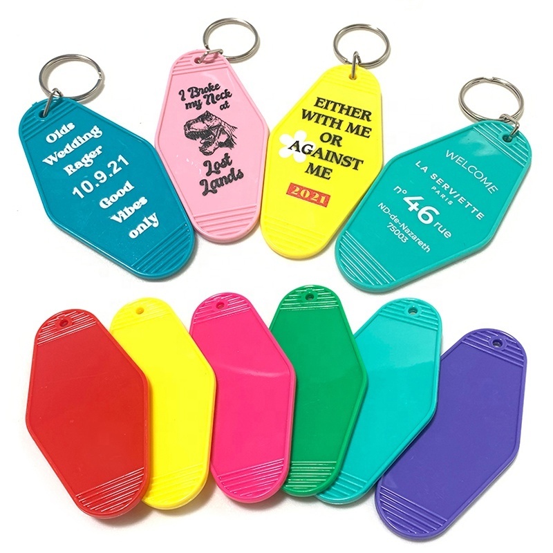 Custom Logo Promotional Blank Plastic Key Chain Retro Vintage Motel Hotel Room Glitter Keychain Key Tags