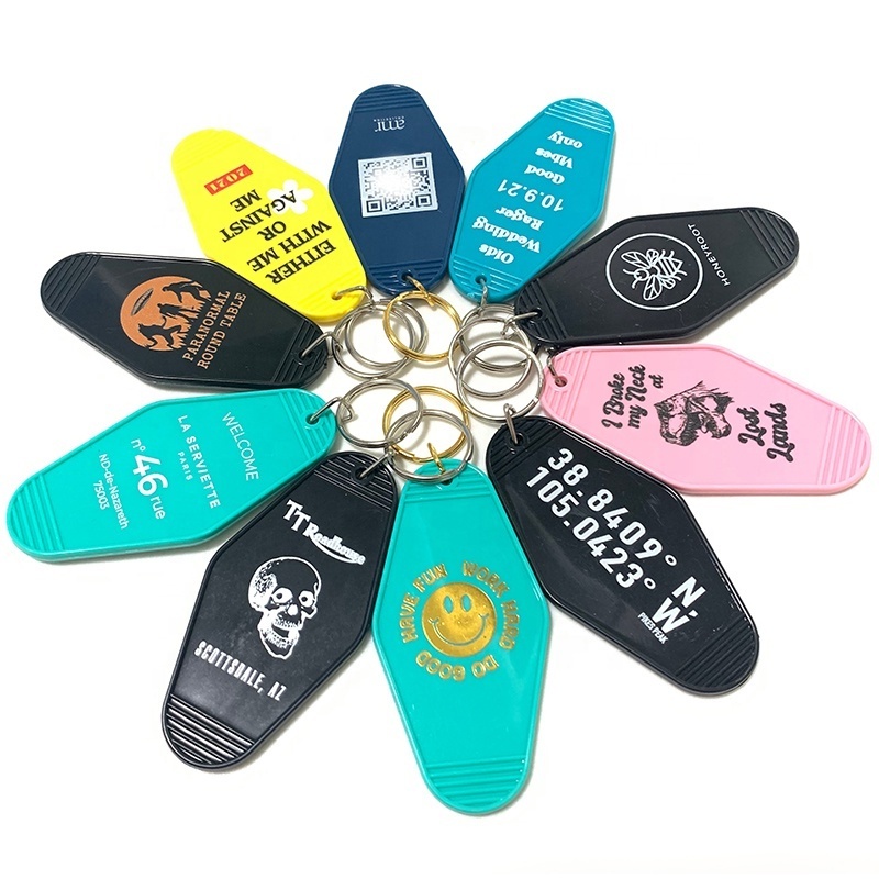 Custom Logo Promotional Blank Plastic Key Chain Retro Vintage Motel Hotel Room Glitter Keychain Key Tags