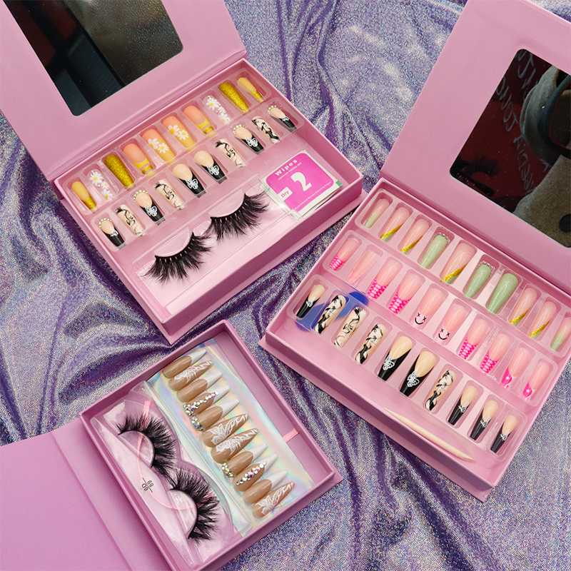 New products japanese designer acrylic nails press on package fake nail with eyelashes set gift box custom