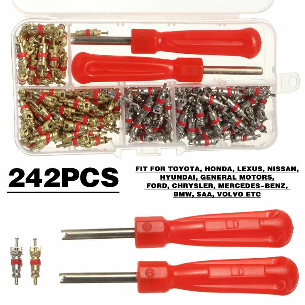 242Pcs Car A/C Air Conditioning R134a Valve Core Assortment+Remover Tool Kit Set Handy Valve Core Removal Tubeless Core Kit