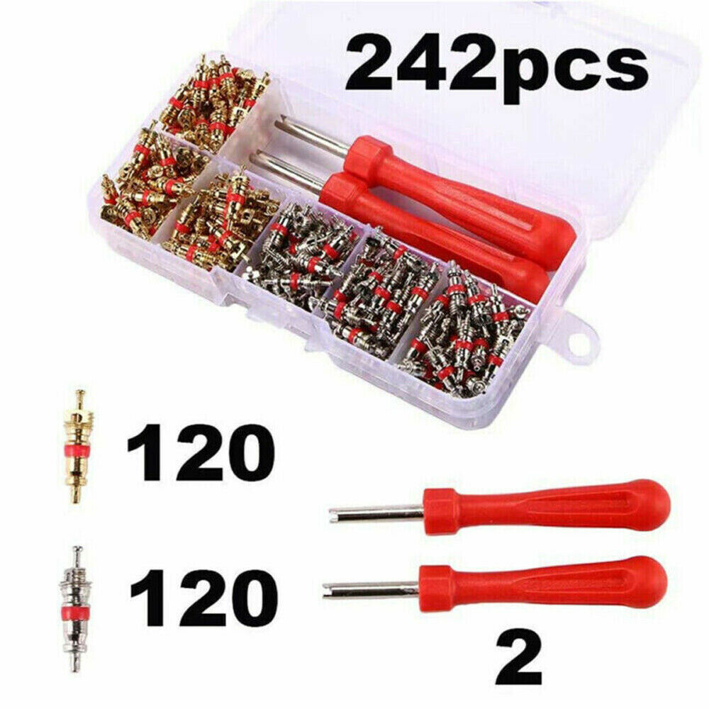 242Pcs Car A/C Air Conditioning R134a Valve Core Assortment+Remover Tool Kit Set Handy Valve Core Removal Tubeless Core Kit