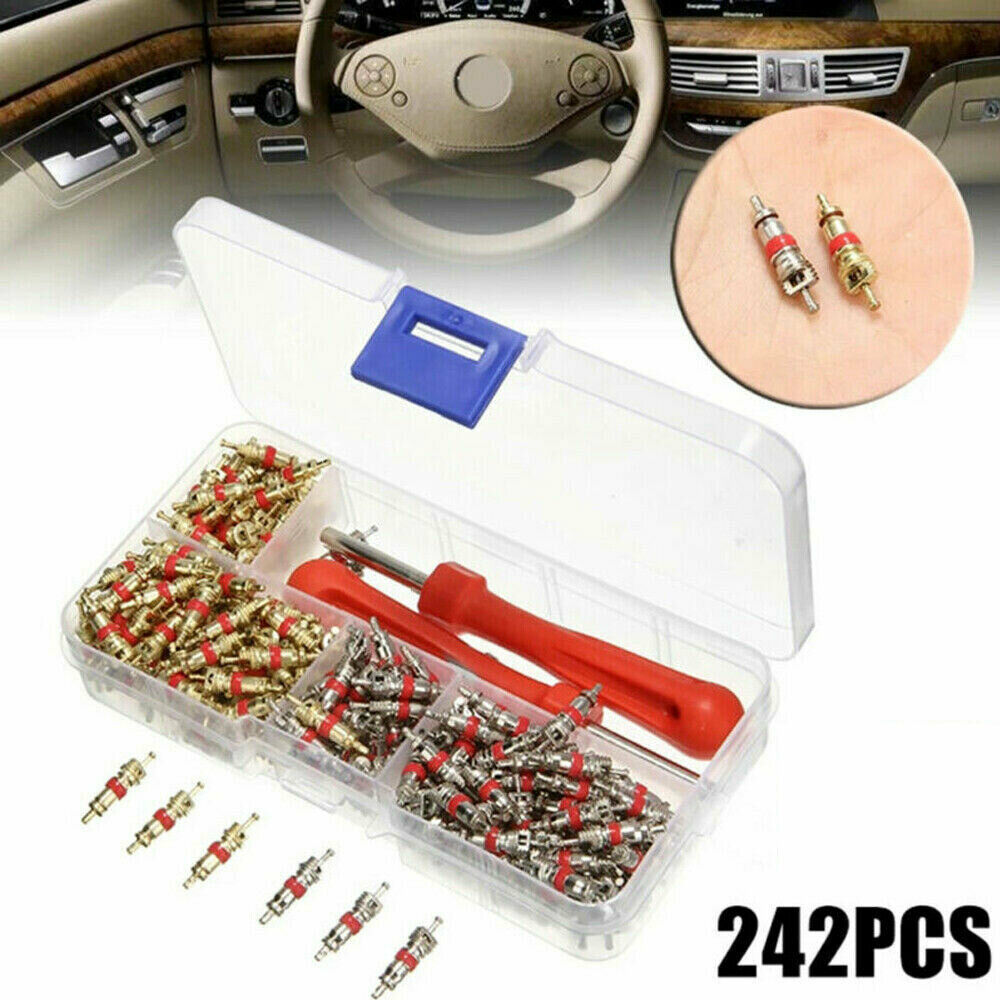 242Pcs Car A/C Air Conditioning R134a Valve Core Assortment+Remover Tool Kit Set Handy Valve Core Removal Tubeless Core Kit