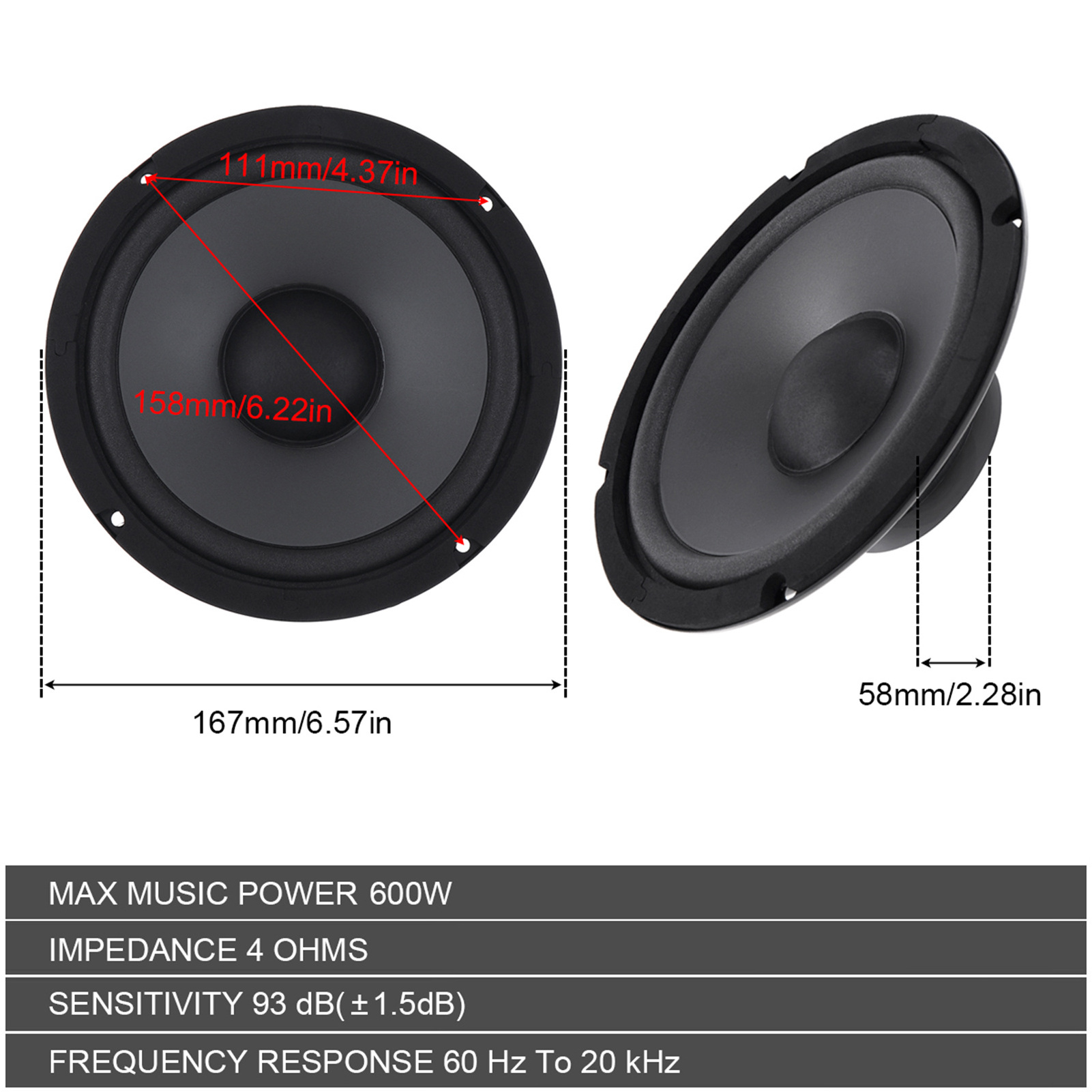 Car Stereo Speaker 6.5 Inch Coaxial Speaker Car 600W Car Subwoofer 2-Way Speaker