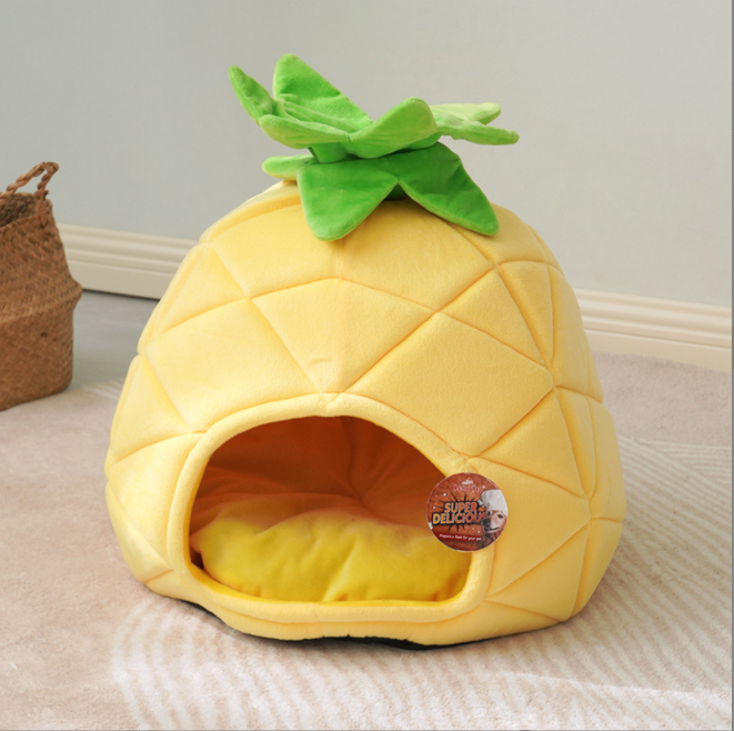 Self Warming Cat Dog Cushion Bed Pad House Calming Pineapple Cave Tent Sleeping Bag Nest Hooded Pet Bed Burrow Lounge Pet Condo