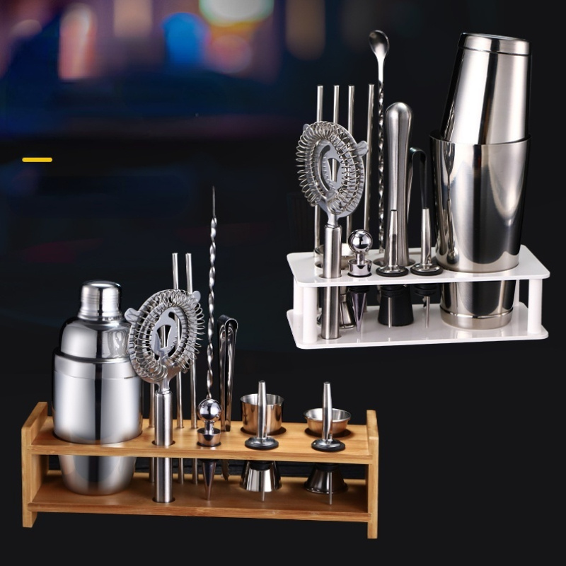 Custom Logo Silver Metal Stainless Steel Cocktail Shaker Set  Boston Shakers Bar Accessory Bartender Kit With Bamboo Stand