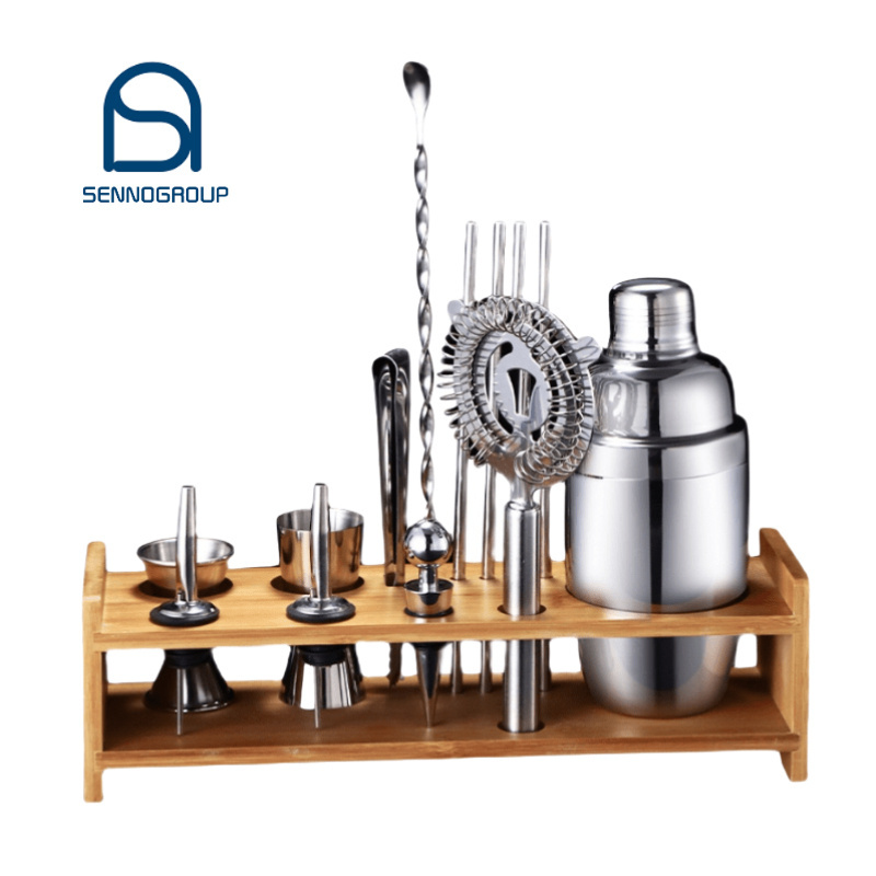 Custom Logo Silver Metal Stainless Steel Cocktail Shaker Set  Boston Shakers Bar Accessory Bartender Kit With Bamboo Stand