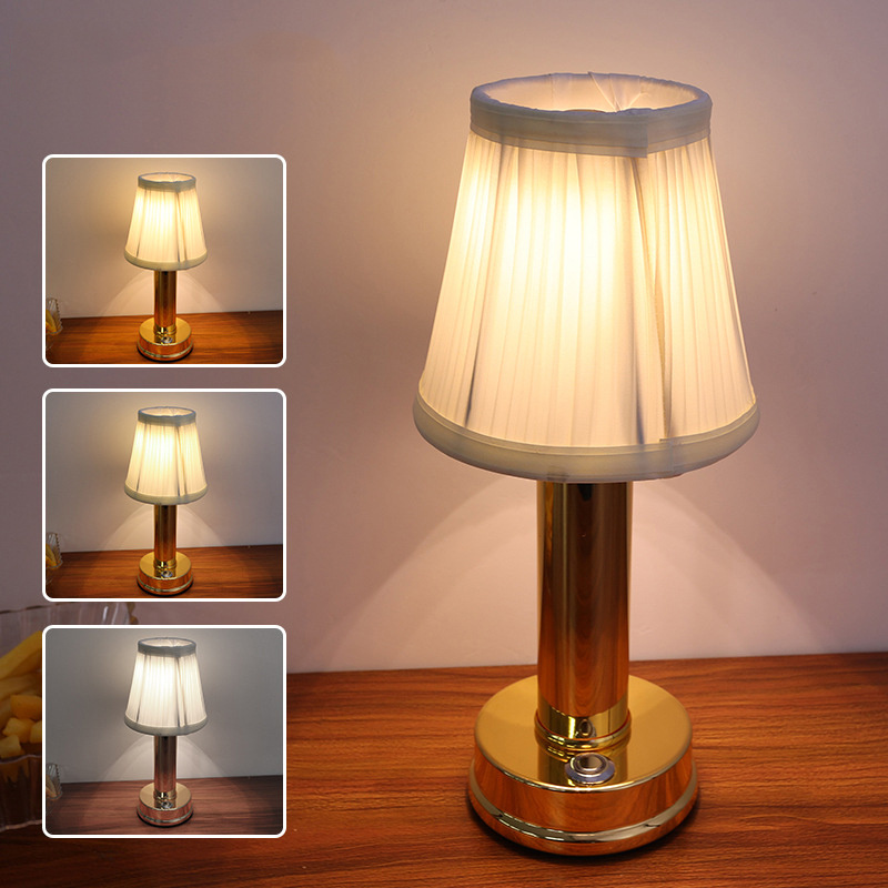 Nordic Battery Operated Desk Lamp Hotel Bar Restaurant Dining Decorative Gold Fabric led Table Lamp Rechargeable Table Light