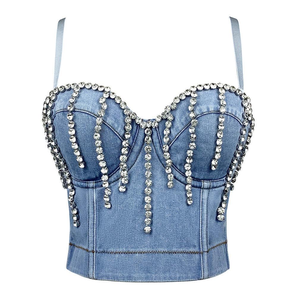 High Street Hot Girl Shape Denim Crop Tank Tops Beading Crystal Fashion Corset Top