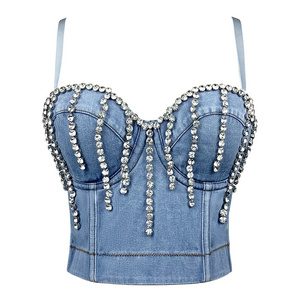 High Street Hot Girl Shape Denim Crop Tank Tops Beading Crystal Fashion Corset Top