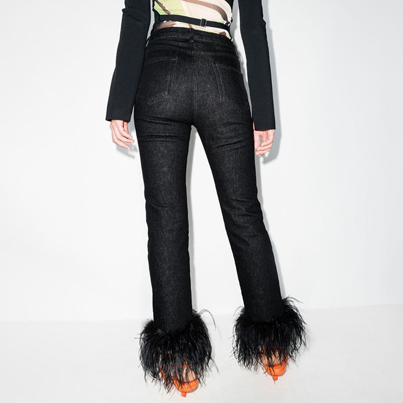 Popular Casual Bodycon Denim Pants With Feather High Waist Black Jeans Women