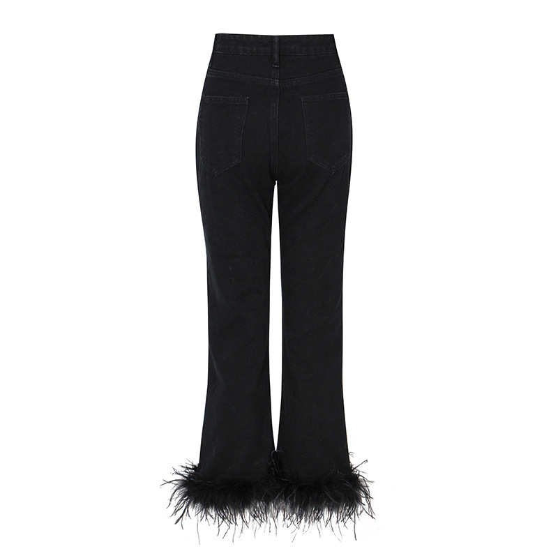 Popular Casual Bodycon Denim Pants With Feather High Waist Black Jeans Women