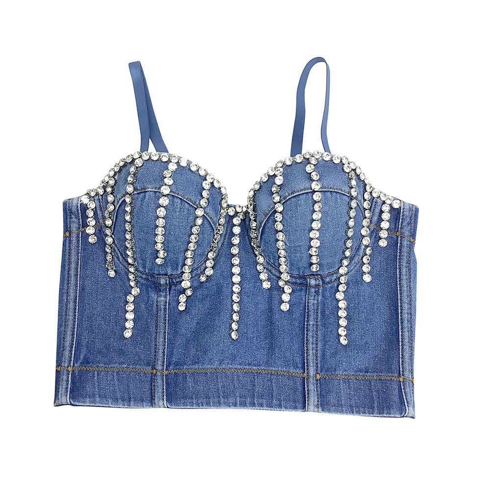 High Street Hot Girl Shape Denim Crop Tank Tops Beading Crystal Fashion Corset Top