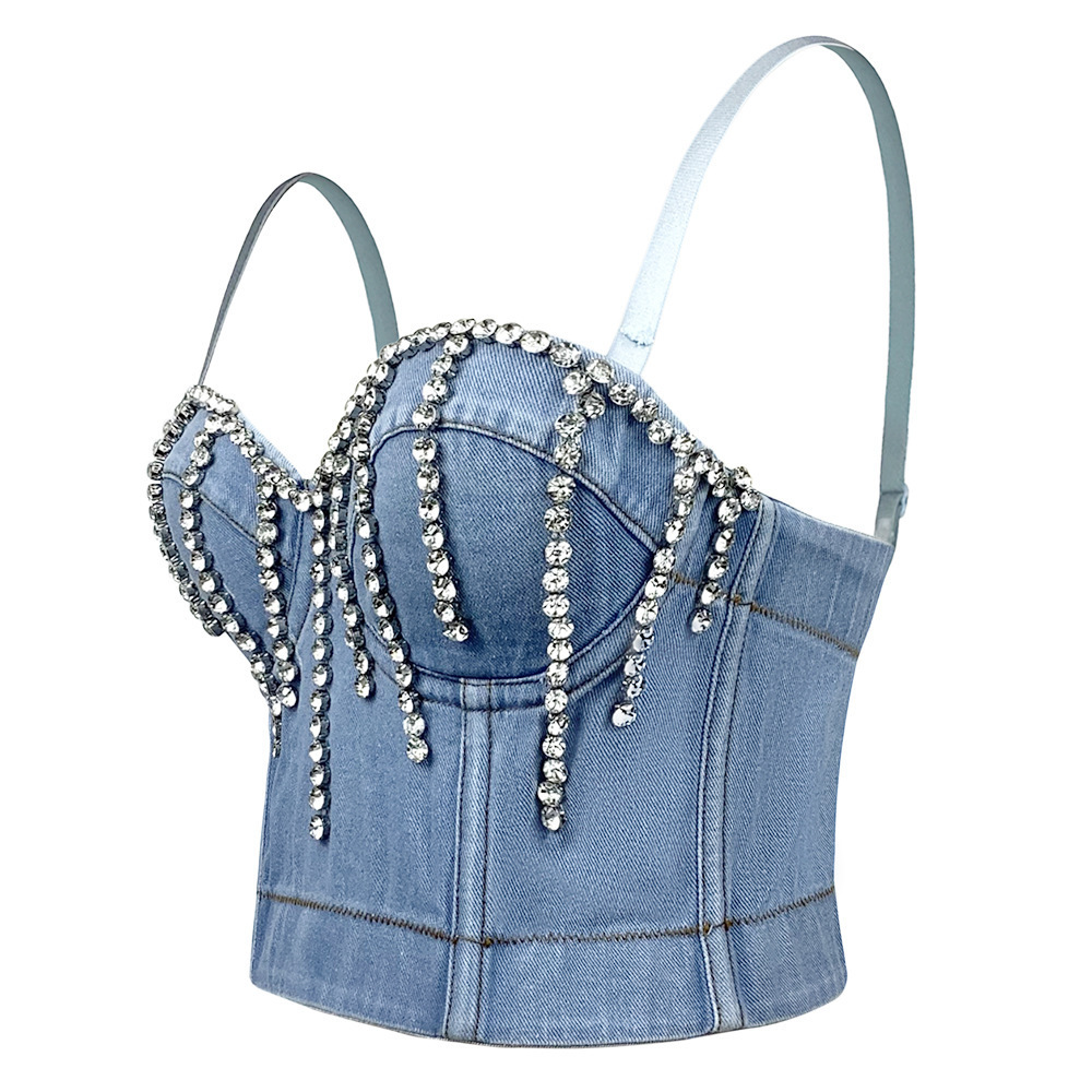 High Street Hot Girl Shape Denim Crop Tank Tops Beading Crystal Fashion Corset Top