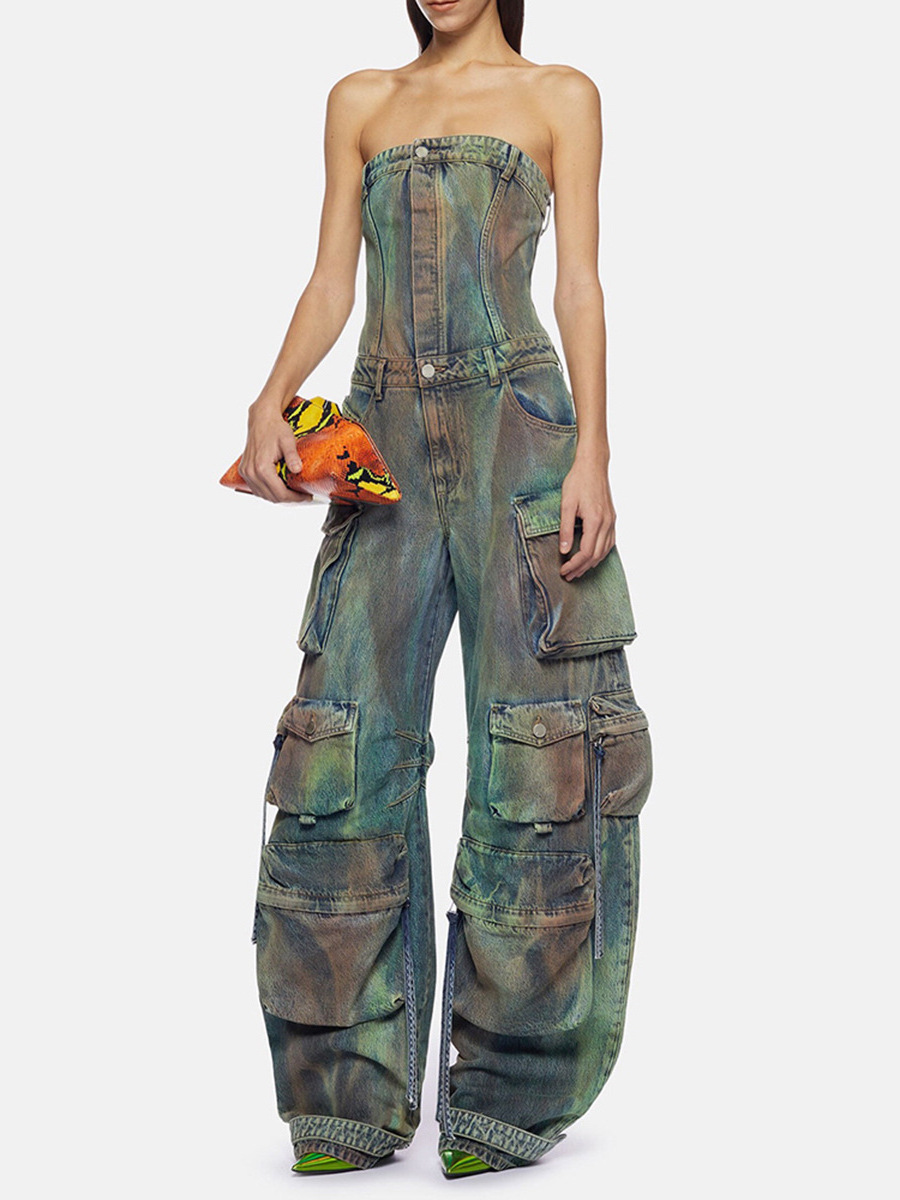 High Quality Ladies Off-the-shoulder Long Jumpsuits Camouflage Printing Denim Jumpsuit Women