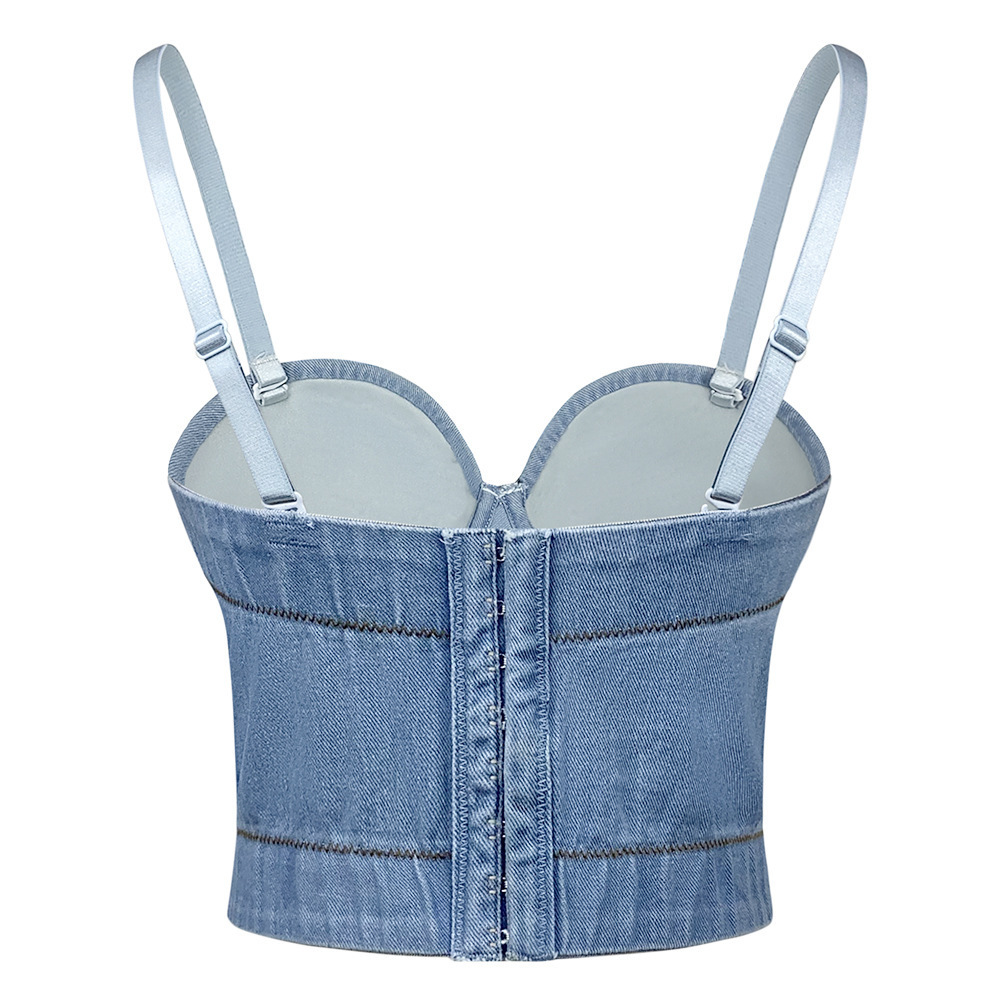 High Street Hot Girl Shape Denim Crop Tank Tops Beading Crystal Fashion Corset Top