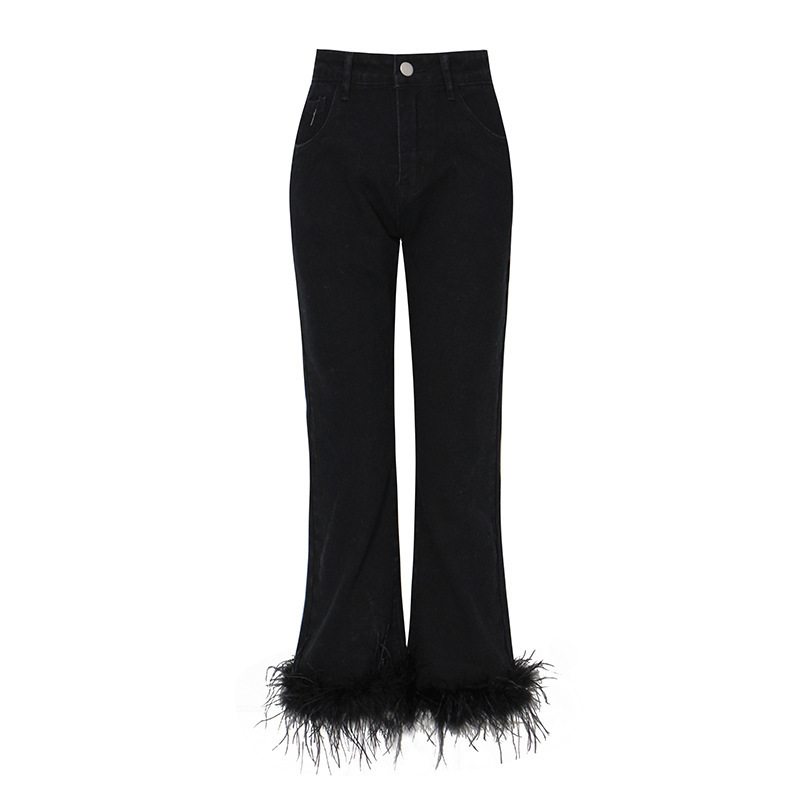 Popular Casual Bodycon Denim Pants With Feather High Waist Black Jeans Women