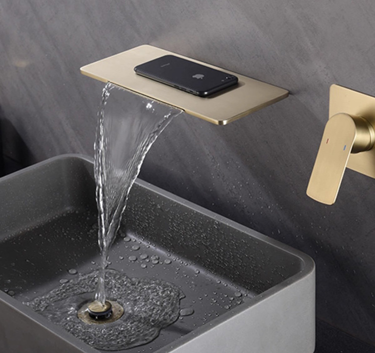 Hot Sale Wash Basin Mixer Taps Faucet Waterfall Taps Bathroom Hot and Cold Waterfall Wall Mounted Taps Black Gold Graphic Design