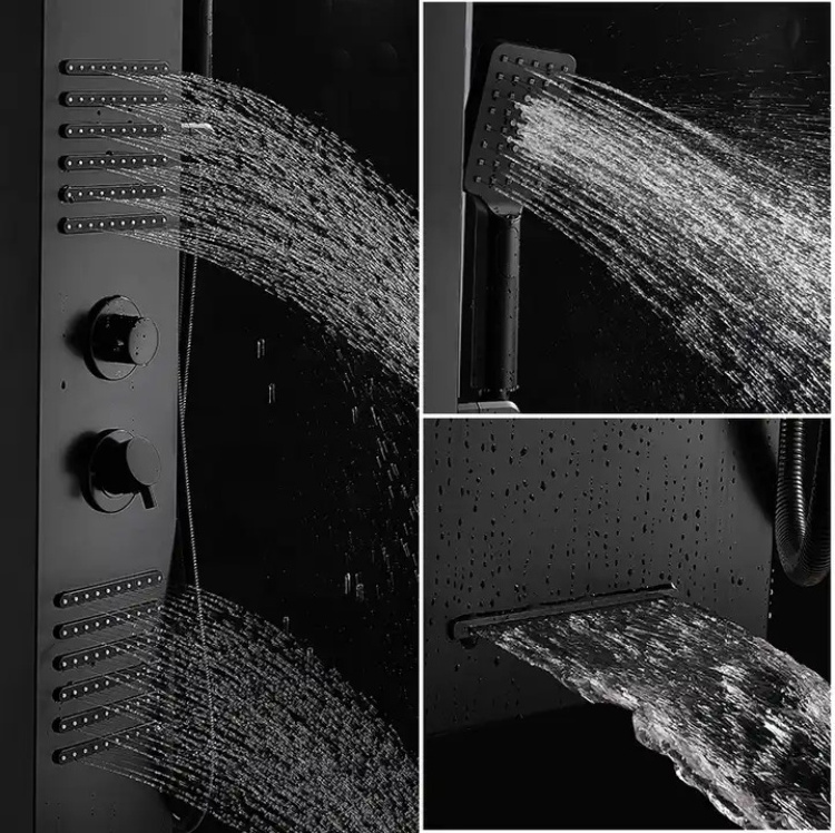 Luxury Thermostatic Rainfall Waterfall  Black Stainless Steel Mixer Shower Set Wall Mounted Bathroom Shower Panel with LED light