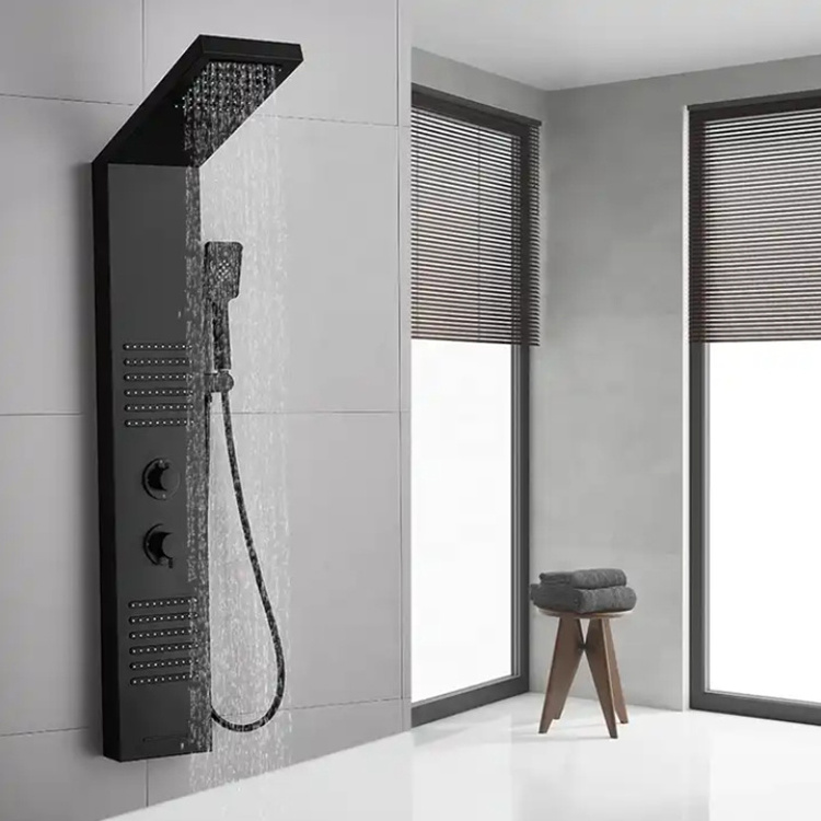 Luxury Thermostatic Rainfall Waterfall  Black Stainless Steel Mixer Shower Set Wall Mounted Bathroom Shower Panel with LED light