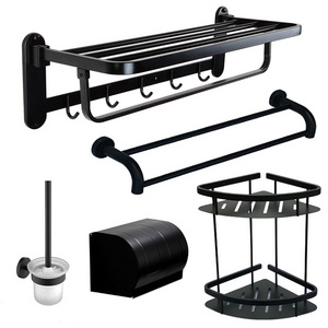 Black Bathroom Accessories Set Towel Shelf Two Bar Towel Rack Toilet Tissue Holder Shower Corner Triangle Shelf Toilet Brush