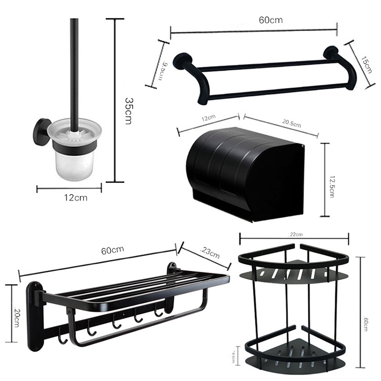 Black Bathroom Accessories Set Towel Shelf Two Bar Towel Rack Toilet Tissue Holder Shower Corner Triangle Shelf Toilet Brush