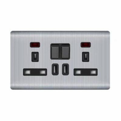 British Standard UK Socket, 2 Gang 13A Multi Socket With Neon Wall Socket With USB Port