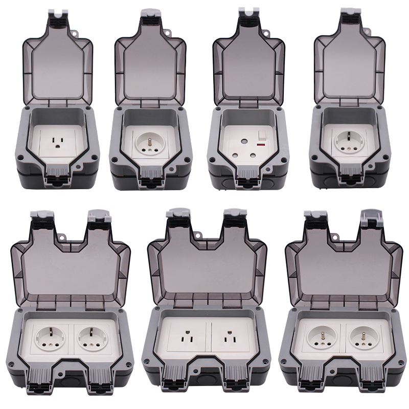 Double UK EU German Plug Standard Outlet Switches IP66 Waterproof Ground Plug Outlets Outdoor Weatherproof Wall Socket