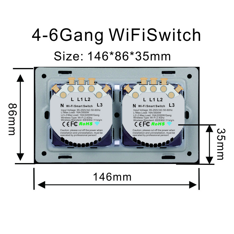 240V AC Smart Life Automation Switch Double Frame 4 5 6 Gang 1 Way WIFI Touch Sensor Switch 2+2 Smart Control Touch WIFI Switch