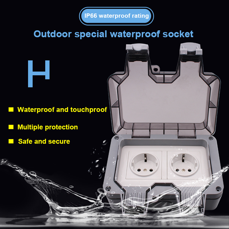 Double UK EU German Plug Standard Outlet Switches IP66 Waterproof Ground Plug Outlets Outdoor Weatherproof Wall Socket