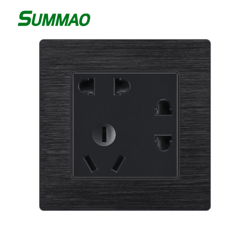 SUMMAO 86 type 86x86mm Aluminum Wire Drawing Black Cover Plate Chinese AU Standard 5-pin Universal Wall Socket