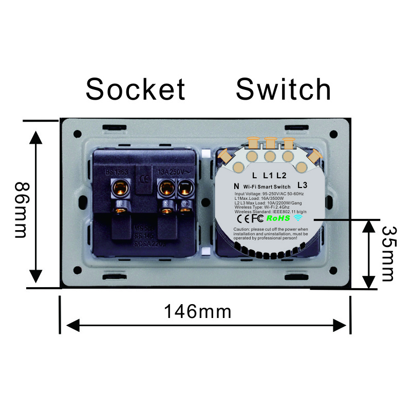 Summao 147 type Modularized Multi-function 1Gang Smart Touch Switch With EU 16A Wifi Power Socket