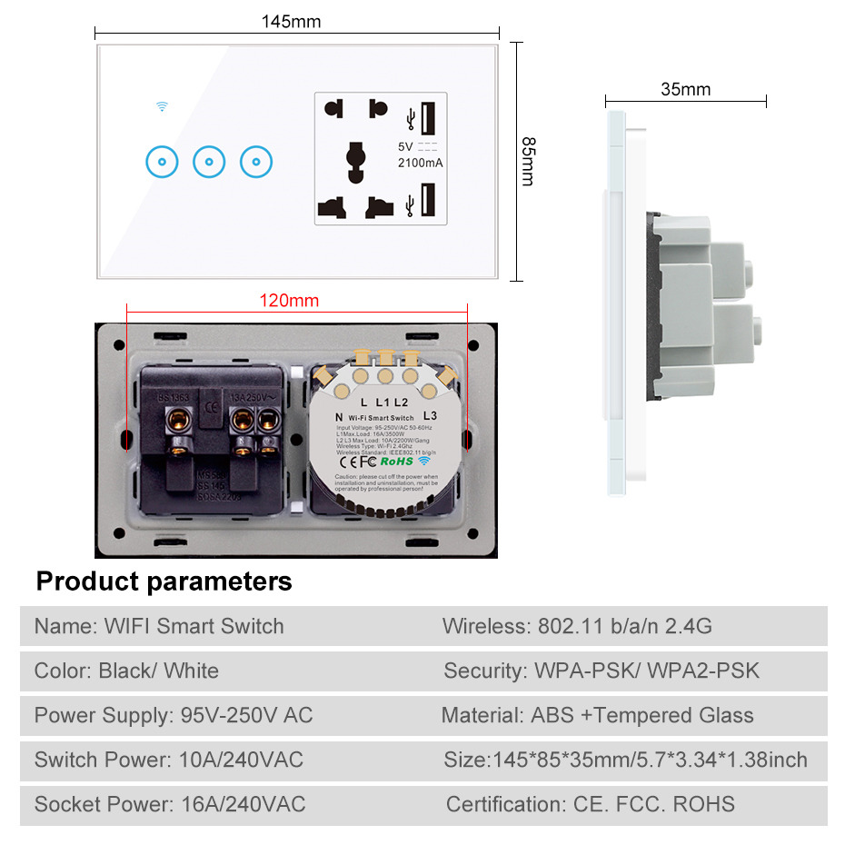 Summao Factory  1 2 3 Gang Touch Wall Light Switch Alexa Google Home WiFi Socket Smart Universal electric Switch with USB