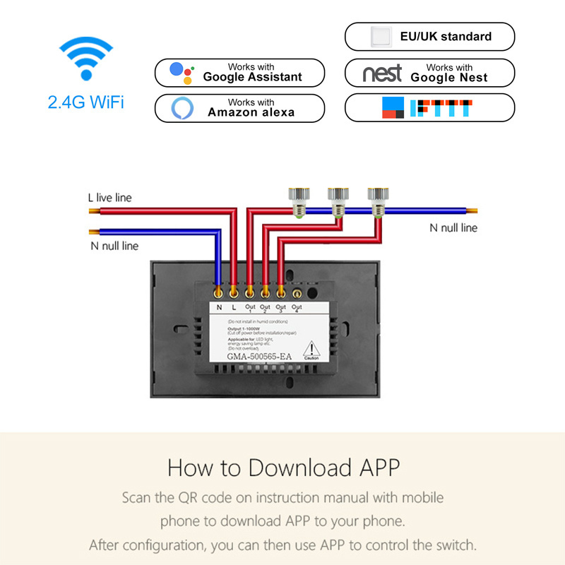 Touch Switch Smart home Alexa Lighting Switch Panel Wall 1/2/3 Gang Wifi Light Switch Us Standard Work With Alexa Google Home