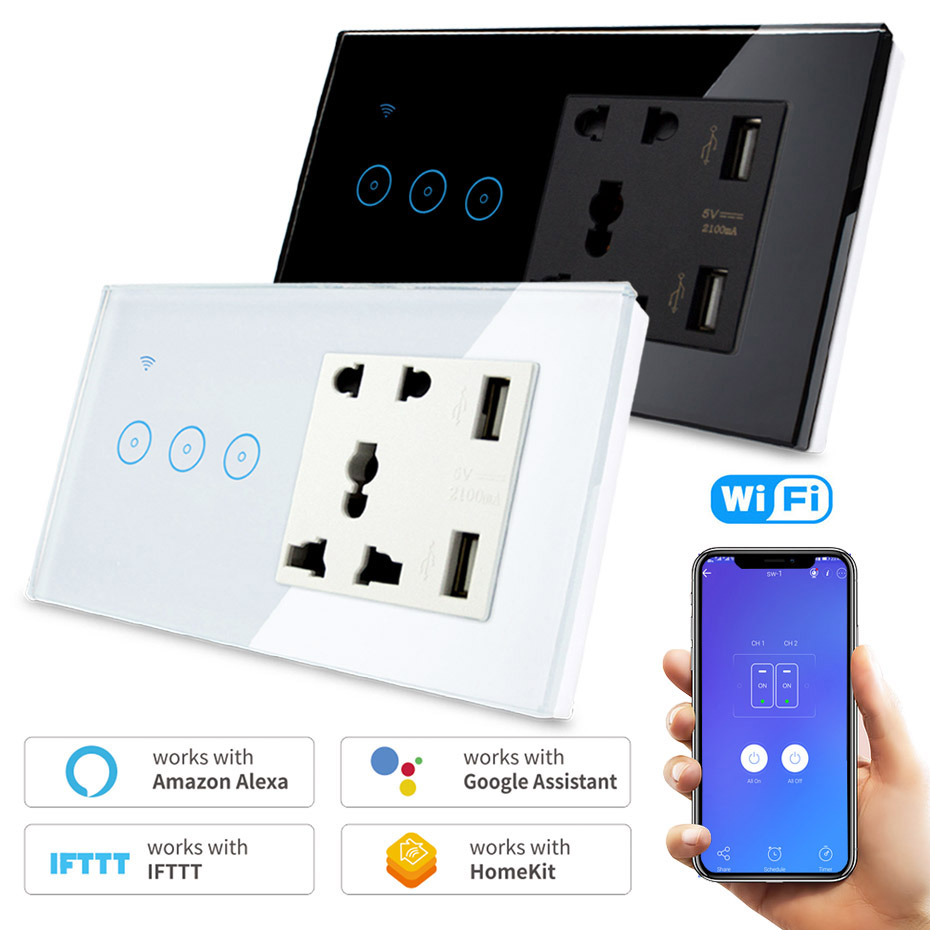 Summao Factory  1 2 3 Gang Touch Wall Light Switch Alexa Google Home WiFi Socket Smart Universal electric Switch with USB