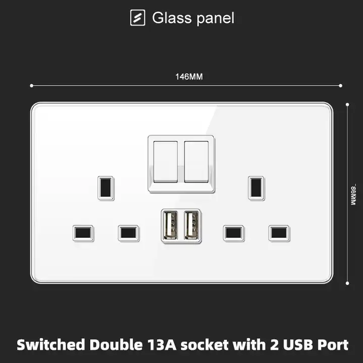 Full Tempered Glass Panel Black Luxury  UK Wall Sockets USB Socket New Design 1Gang 2Gang 3Gang 4Gang  Wall Switch