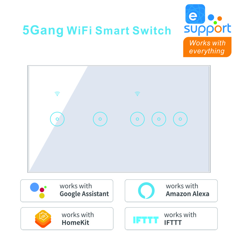 UK/US 4 5 6 gang Tuya App Smart Switch with Alexa Google white/black glass mobile control WiFi Wall Switch