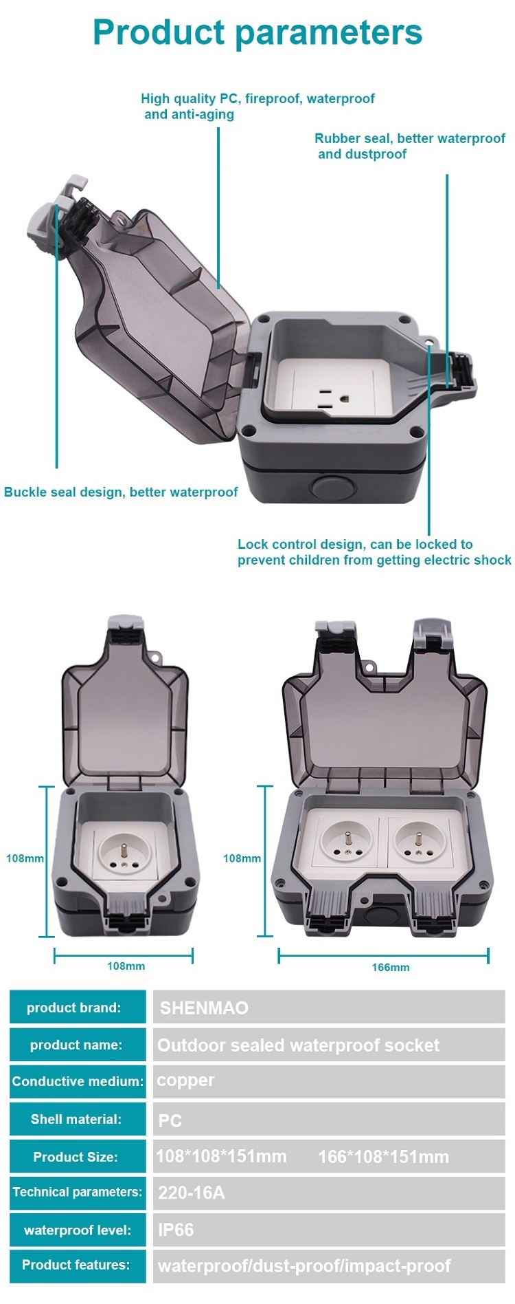 Double UK EU German Plug Standard Outlet Switches IP66 Waterproof Ground Plug Outlets Outdoor Weatherproof Wall Socket