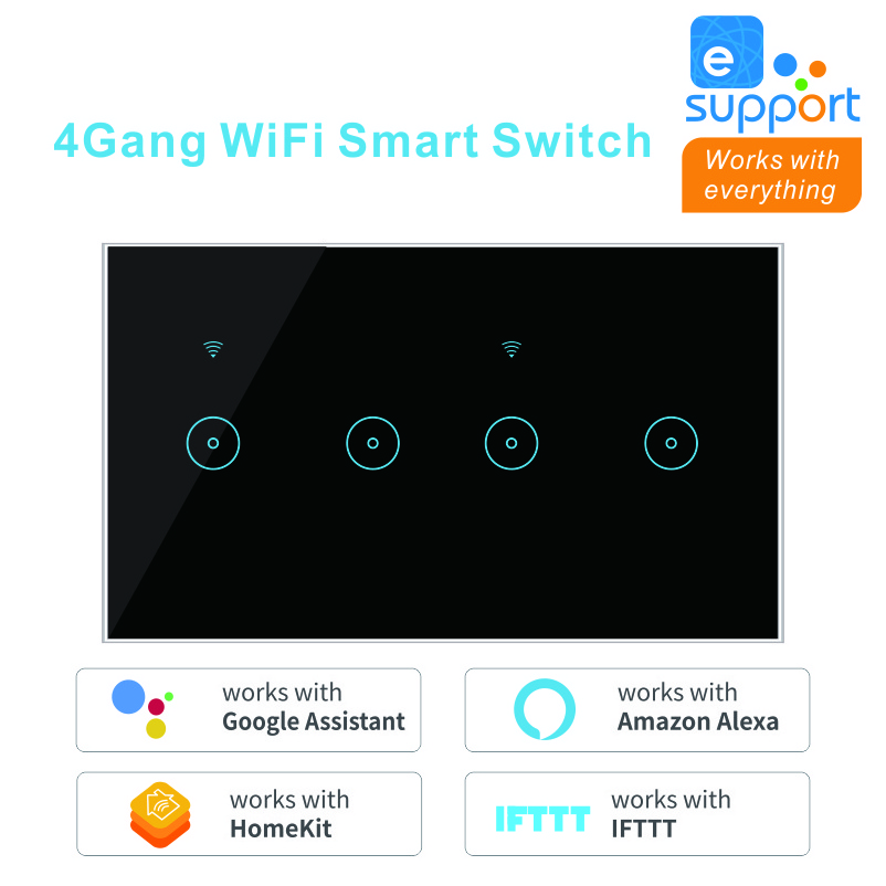 UK/US 4 5 6 gang Tuya App Smart Switch with Alexa Google white/black glass mobile control WiFi Wall Switch